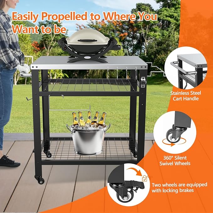 Stainless Steel Pizza Oven Table for Ooni, 650lbs Outdoor Grill Cart with Wheels and Handle, 32"x 24" Three-Shelf Food Prep Cart for Griddle, Movable Outdoor Pizza Cart