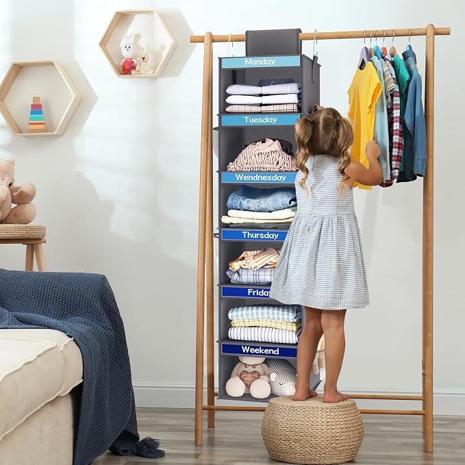 Fixwal Weekly Kids Clothes Organizer 2 Pack 6-Shelf Hanging Storage | Nonwoven - Image 6