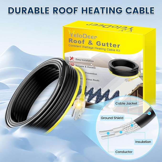 35 FT Heat Tape for Roof and Gutters, YeloDeer Gutter Heater Cable Heat Trace Cable for Snow De-Icing Ice Dam & Pipe Freeze Protection 7W/FT 120V