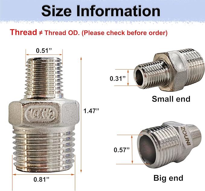 1/2" x 1/4" Reducing Hex Nipple, 304 Stainless Steel NPT Male Pipe Fitting Reducer Nipple Adapter 2000psi Reducer Connector Suit for 0.71" and 0.46" Pipe ID (1/2"x 1/4"MNPT)