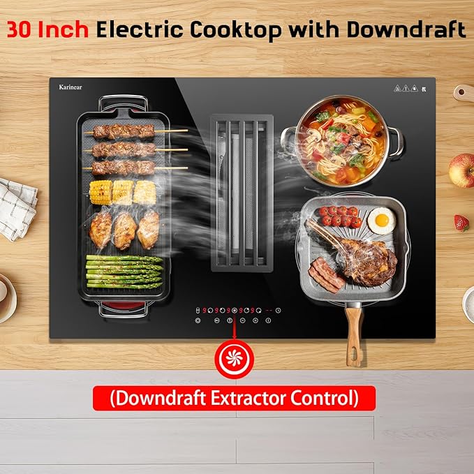 Karinear 30 Inch Downdraft Electric Cooktop with Ventilation System, 4 Burner 7400W Ceramic Glass Stove Top, BBQ Bridge Element & Dual Ring Burner, 9-Speed Fan, Timer, Child Lock, 240V(Ductless Mode)