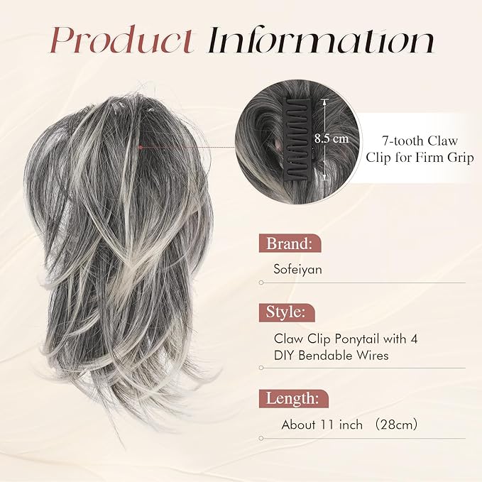 SOFEIYAN Claw Clip Short Ponytail Extension DIY Bendable Wires Hair Bun Fluffy Fake Hair Piece Straight Synthetic Hair Ponytail Extensions for Wonen - Natural Salt & Pepper
