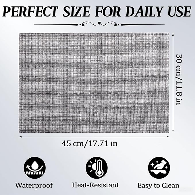 Timeet Placemats Set of 6, Heat Resistant Non-Slip Place Mats, Durable Washable PVC Vinyl Woven Table Mats, Linen Textured Table Placemats for Dining Kitchen Resistant Easy to Clean(Gray)
