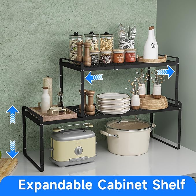 Expandable Cabinet Shelf Organizers, Kitchen Small Stand Rack Organization for Tabletop Countertop Cupborad Pantry, Black 2 Pack
