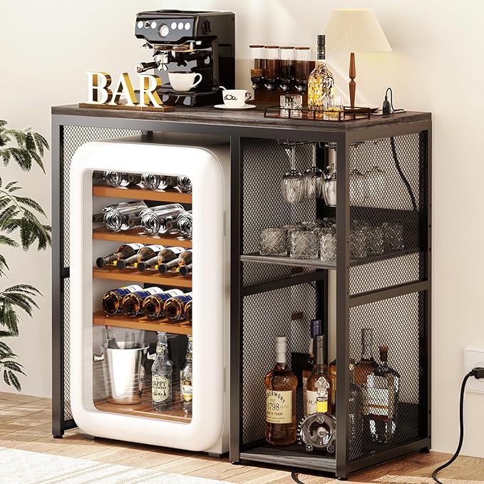 Homieasy Mini Fridge Cabinet Stand with Power Outlet, Coffee Bar Cabinet with Mini Fridge Space, Bar Stand with Microwave Shelf with Wine Rack for Kitchen, Dorm, Grey
