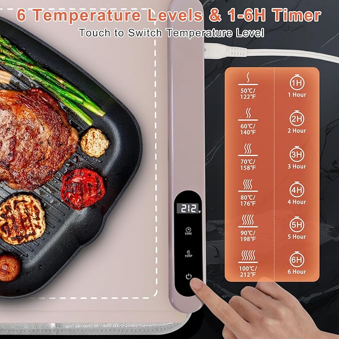 FYY Extra Large Warming Mat for Food with Heat Resistant Pad, Prevent Countertop Cracks, Keep Meal Warm, Rapid and Full Surface Heating, 6 Temp Settings, 6H Timer, Rollable Portable Food Warmer, Pink