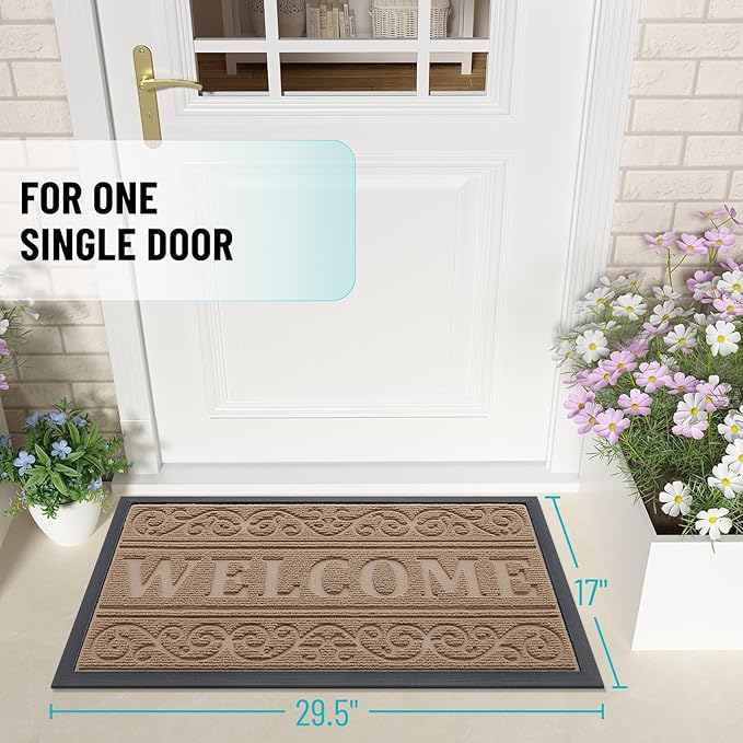 OLANLY Welcome Door Mat Indoor Outdoor Entrance, Heavy Duty Sturdy Front Door Mat, Waterproof All-Weather Doormat, Stain Resistant, Low Profile, Easy Clean Patio Entryway Mat, 47 x 32, Light Brown