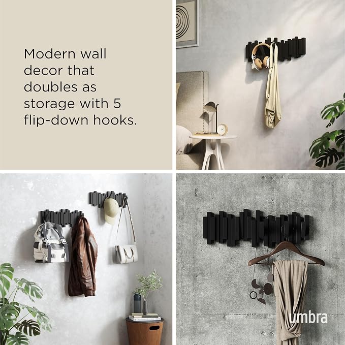Umbra Sticks Wall Mount Coat Rack, 5 Hook Retractable Pegs, sculptural modern - Image 4