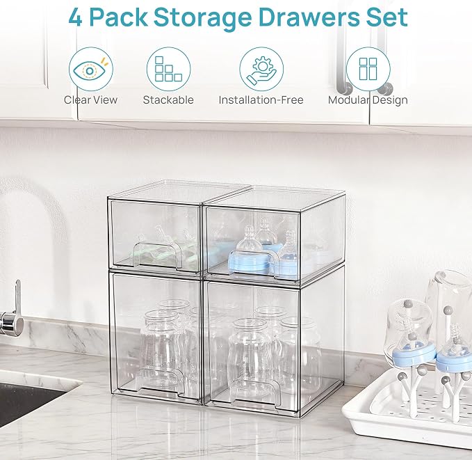 Vtopmart Clear Stackable Storage Drawers Set of 4, Baby Bottle Organizer | - Image 3