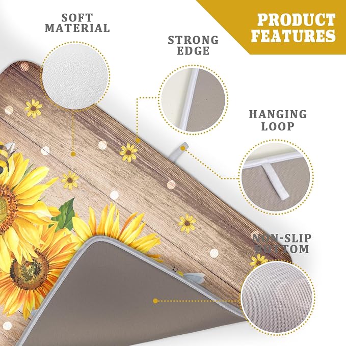 Sunflower Bee Dish Drying Mat for Kitchen Counter Home 18x24 Inch Wood Barn - Image 4