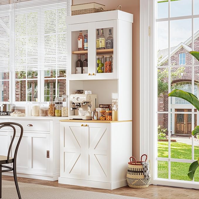71" Tall Farmhouse Kitchen Pantry, Large Storage Cabinet with Glass Doors, Freestanding Coffee Bar Hutch with Microwave Stand, Adjustable Shelves for Kitchen, Living Room, White 3 Pcs