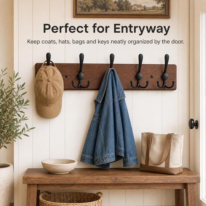 Solid Oak Wooden Coat Rack Wall Mount - Image 4