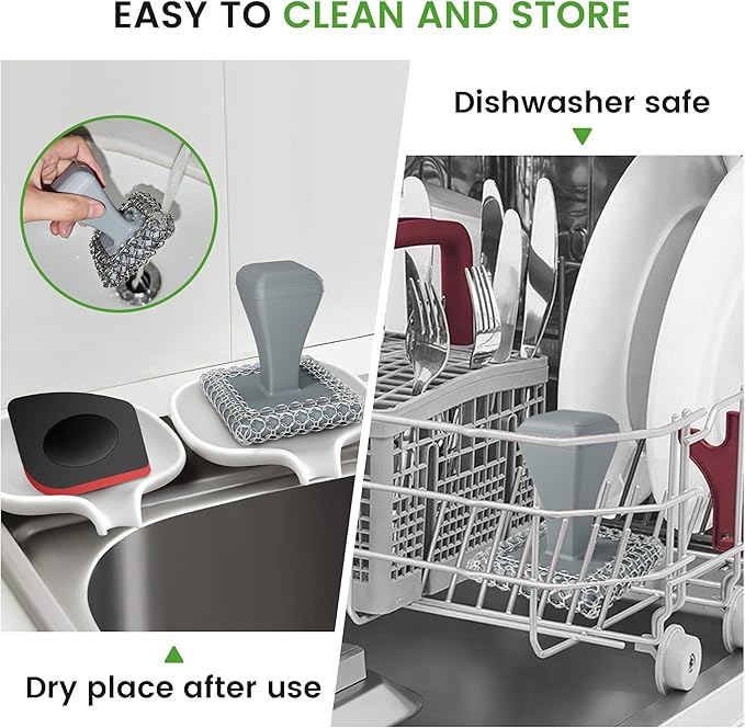 TOPULORS Cast Iron Scrubber Cleaner & 316L Stainless Steel Chainmail Scrubber with 2 Scrapers, Ergonomic Silicone Handle Brush for Pans Skillets Grills Dishes Cleaning - Non-Scratch Rust-Proof - Gray