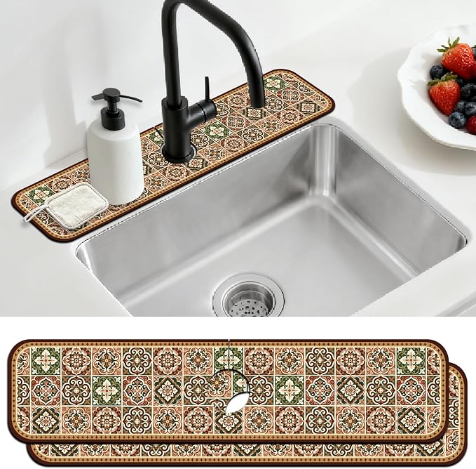 2 Pcs Kitchen Sink Splash Guard Faucet Mat Brown Vintage Pattern Faucet Mat by CONCHLERY%E6%97%97%E8%88%B0%E5%BA%97