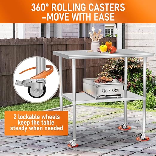 Stainless Steel Table with Wheels 24" x 36" Utility Worktable with Adjustable Undershelf for Commercial Kitchen, Garage, Restaurant