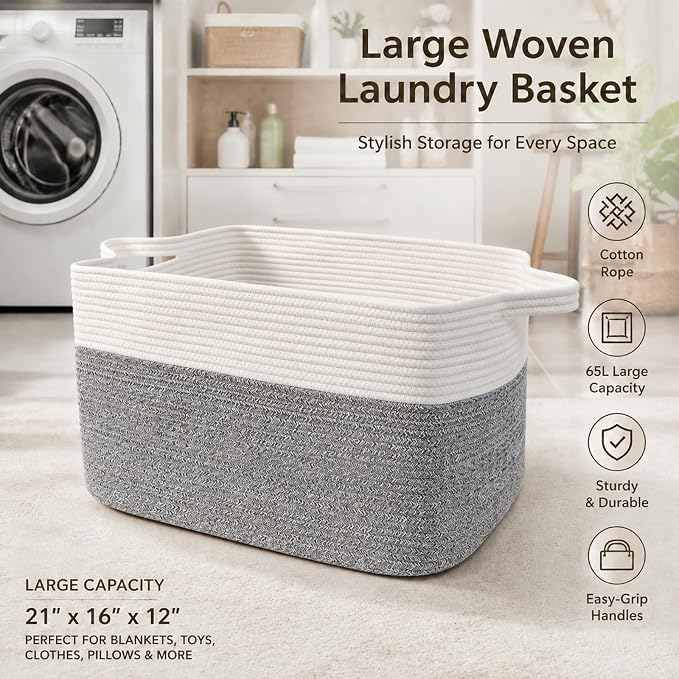 65L Laundry Basket with Handles, Woven Blanket Basket - Image 5