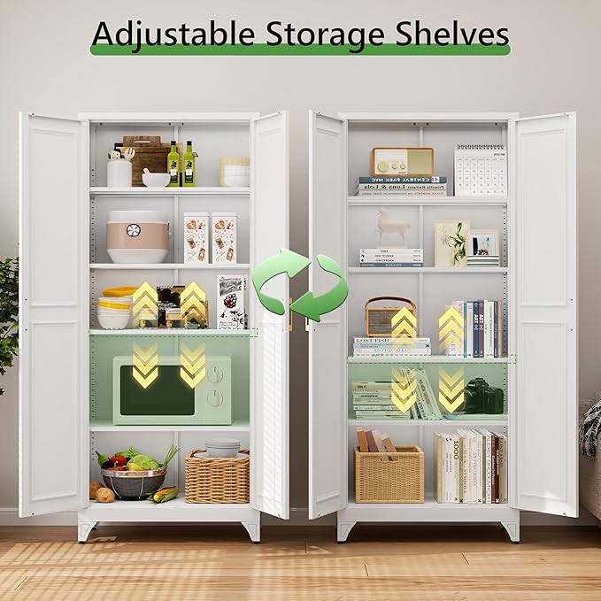 75”Tall Metal Pantry Storage Cabinet with Doors and 4 Shelves, White Kitchen Pantry Cabinet, Modern Freestanding Cupboard for Living, Dining Room, Office, Assembly Required