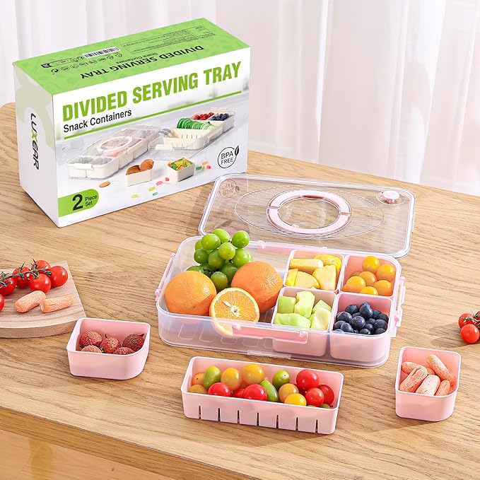 LUXEAR 2Pack 8-Compartment Divided Serving Tray with Lid and Handle - Airtight Leakproof Snackle Box Charcuterie Container for Fridge, Picnic, Party, Travel - BPA-Free Dishwasher Safe(Pink)