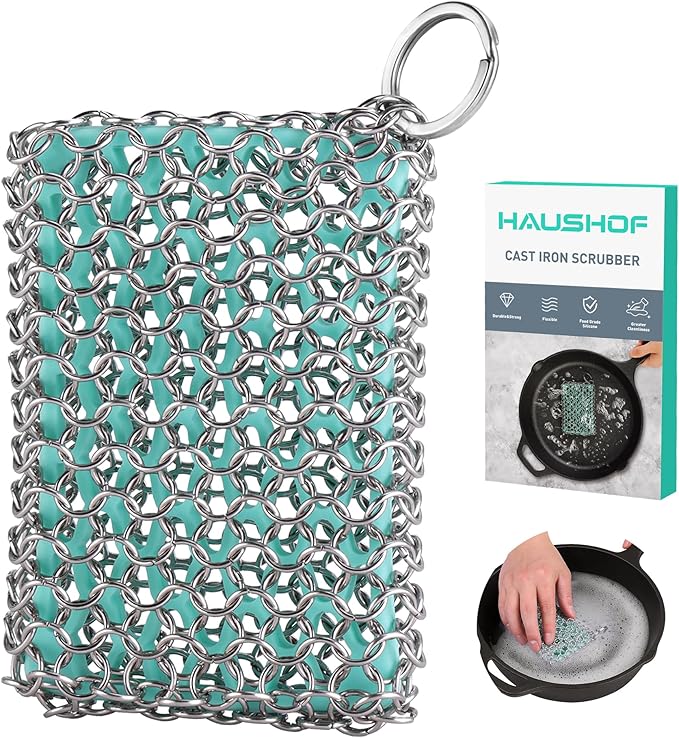 HAUSHOF Cast Iron Scrubber, Chainmail Scrubber with Silicone Core, Premium Cast Iron Cleaner for Skillet, Pan, Dutch Oven
