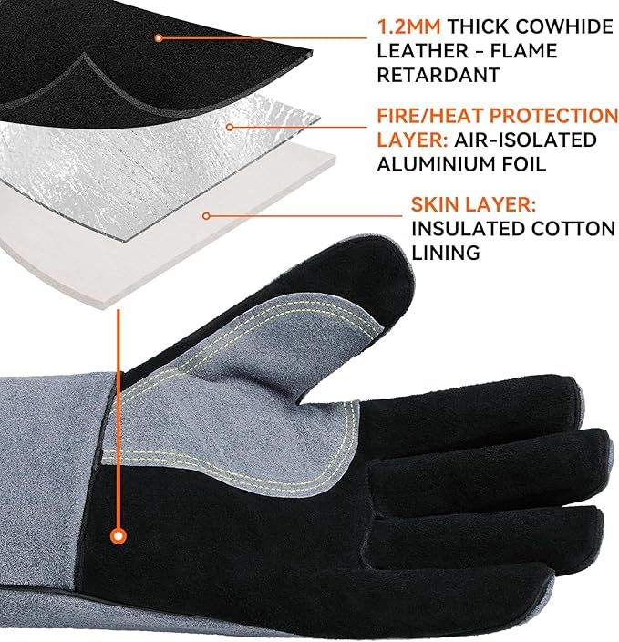 OZERO 932°F Heat Resistant Welding Gloves 16 inches Cowhide Leather - Long Sleeve and Insulated Lining BBQ Glove for Tig Welder/Mig/Grill/Barbecue/Stove Black-gray