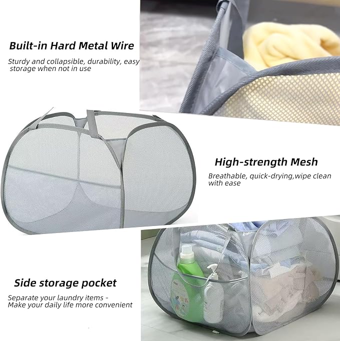 Collapsible Laundry Basket 90L, Mesh Pop-up Hamper, Side Storage Pocket - Image 3