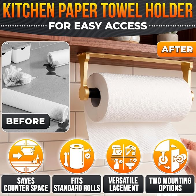 Gold Paper Towel Holder Under Cabinet, Space-Saving - Image 4