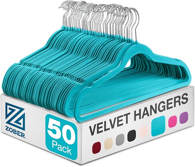 Zober Turquoise Velvet Hangers 50 Pack, Slim Non Slip Clothes Hangers | Slim by ZOBER
