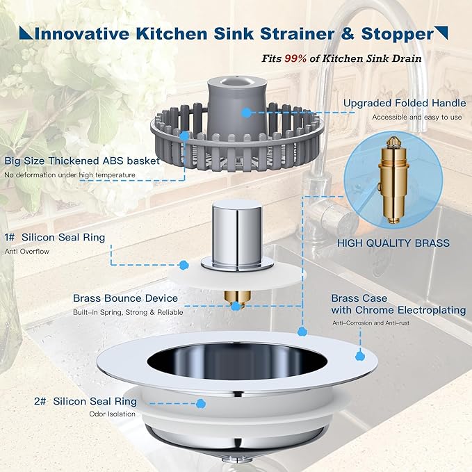 Kitchen Sink Drain Strainer, Sink Strainer, 3 in 1 Kitchen Sink Stopper, Sink Drain Stopper with an Extra Anti-Clog Sink Strainer Basket for Standard 3-1/2" Drain, Brass Material Electroplated Chrome