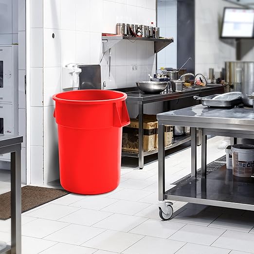 PRO&Family Commercial Round Trash Can, Ingredient Bin, Heavy-Duty Plastic, Anti-Static, Kitchen, Office, Outdoor Use (Red, 55 Gallon)