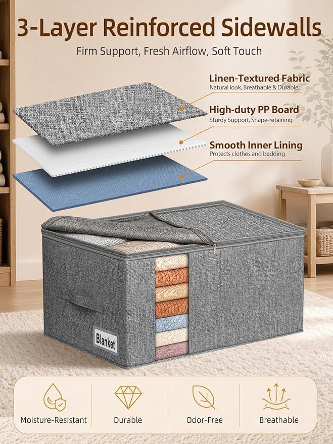 60L Rigid-Sided Blanket Storage Bags, 2 Pack, Stackable Design, - Image 4