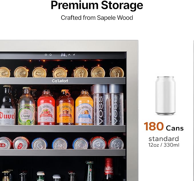 Ca'Lefort 24 Inch Beverage Refrigerator - 180 Can Beverage Fridge with 34°-54°F, Built in or Freestanding Beverage Cooler with Glass Door and 3 LED, Drink Fridge for Home/Kitchen(5.65 cu.ft)