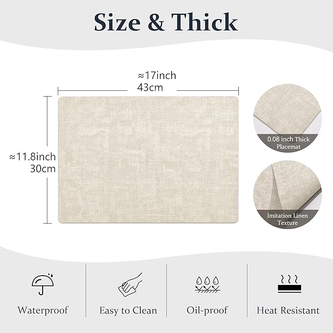 FROMHEART Faux Leather Placemats Set of 12–Waterproof,Heat/Oil Stain-Resistant PU Table Mat–Reversible,Non-Slip,Easy to Clean Place Mats for Kitchen,Dining,Indoor/Outdoor,(Beige,11.8" x 17")