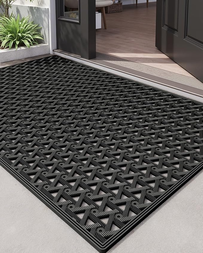 DEXI Front Door Mat Outside Entrance Rubber 32x48, Welcome Floor Doormat Heavy Duty Non Slip, Dirt Trapper Waterproof Exterior Entry Mats All Weather for Patio Entryway Drainage, Black