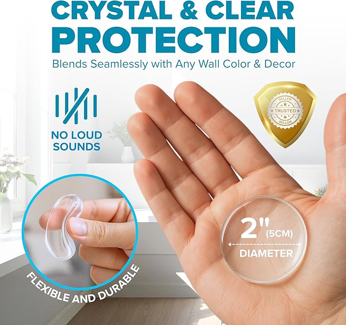 STRONGEST HOME Wall Protector for Door Knobs, 2-Inch - Clear Self-Adhesive Door Stopper Guards - Quiet Rubber Bumpers for Wall Protection, 6-Pack