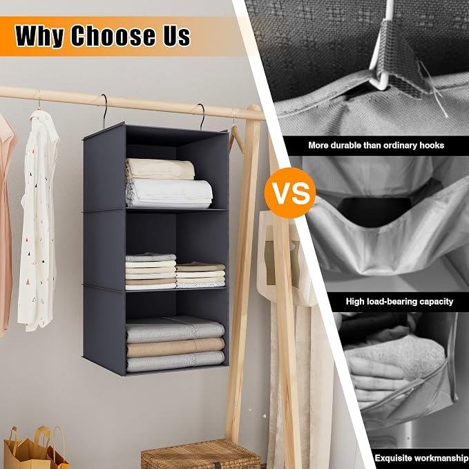 Hanging Closet Organizer 3-Shelf, Oxford Fabric Wardrobe Storage, Dark Gray | - Image 8