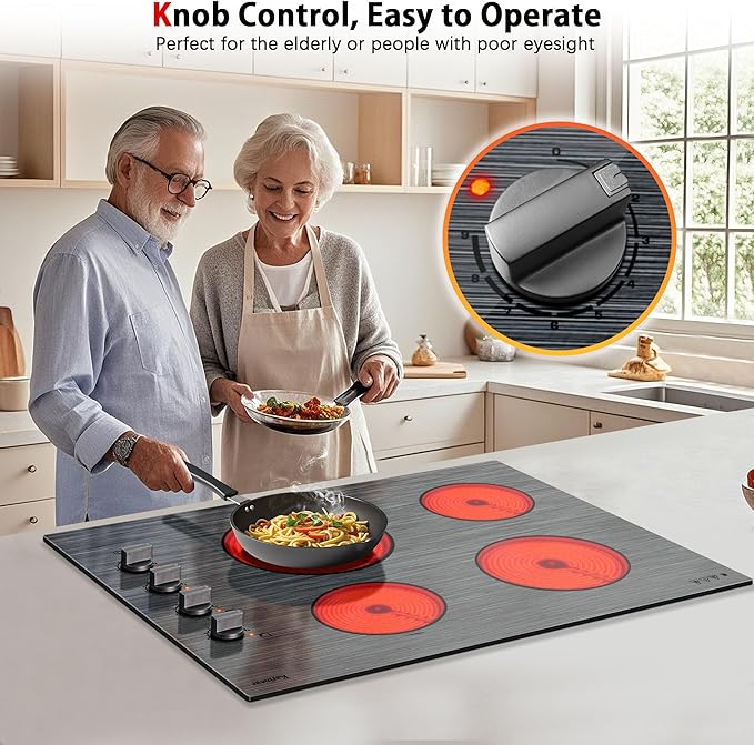 Karinear Electric Cooktop 30 Inch, 4 Burners Electric Stove Knob Control, Built-in Ceramic Cooktop with Beautiful Woodgrain Pattern Glass Surface, 6700W, 220-240v Hard Wired(No Plug)