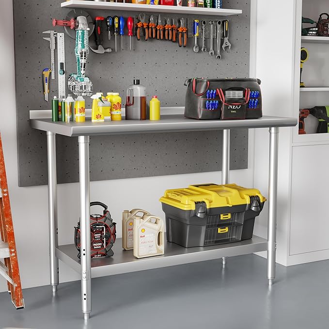 HARDURA All Stainless Steel Table 24X48 Inches Metal Commercial Kitchen Prep Table with Adjustable Undershelf and Backsplash NSF for Prep