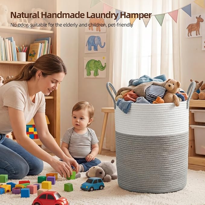 OIAHOMY 60L Nursery Hamper Laundry Basket Laundry Hamper Grey/White - Image 5