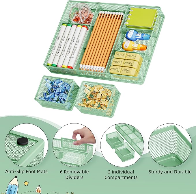 Marbrasse Mesh Desk Drawer Organizer Tray 3 Packs, 9 Adjustable Compartments - Image 4