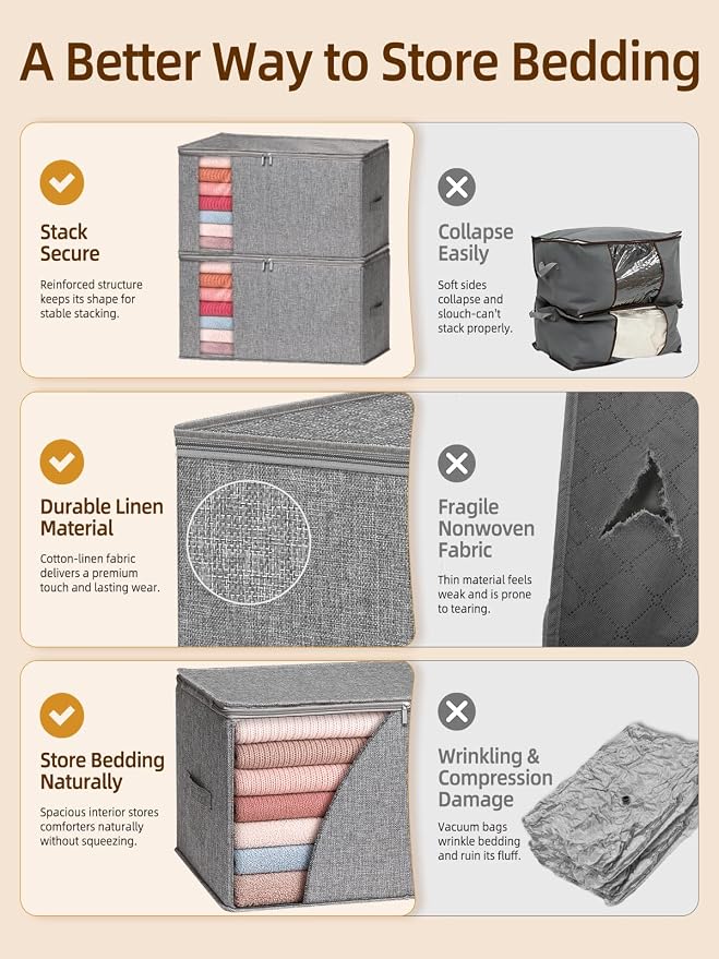 60L Rigid-Sided Blanket Storage Bags, 2 Pack, Stackable Design, - Image 5