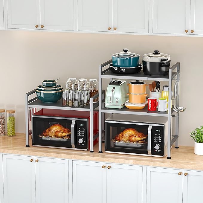 PUSDON Microwave Oven Rack, Adjustable Shelf Organizer 3-Tiers with 3 Hooks, & 160lbs Capacity for Kitchen Counter, Silver Grey