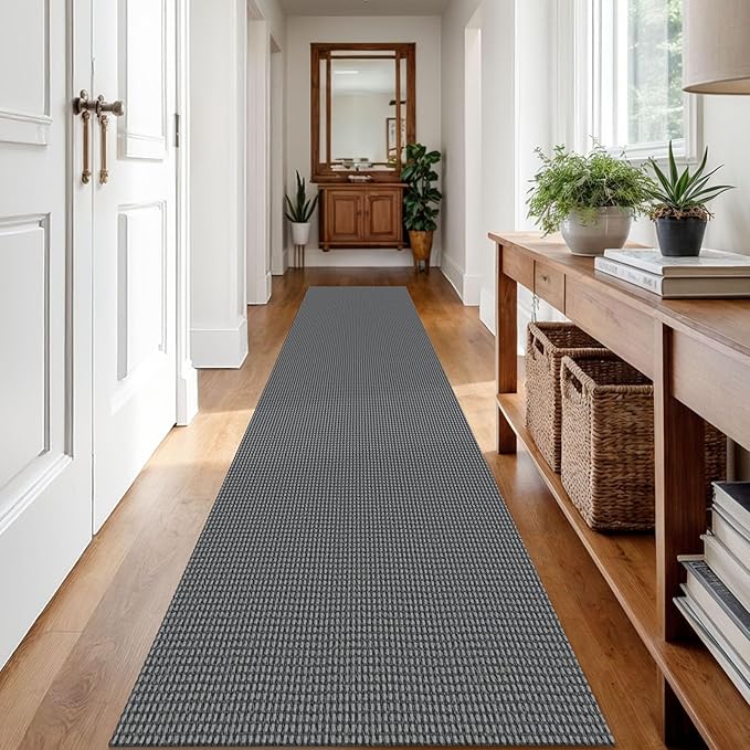 IOHOUZE Washable Runner Rug 2x12 Non Slip Rubber Backed Extra Long Hallway Runner Entryway Runner Indoor, Kitchen Rugs Woven Cotton Floor Carpet for Hall Entrance, Dark Grey