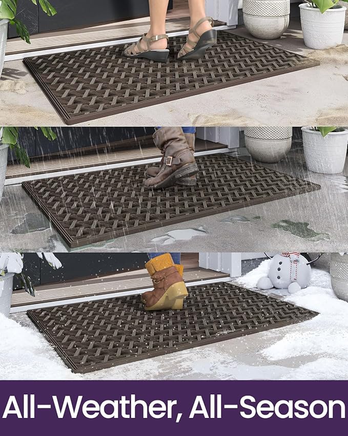 DEXI Front Door Mat Outside Entrance Rubber 24x36, Welcome Floor Doormat Heavy Duty Non Slip, Dirt Trapper Waterproof Exterior Entry Mats All Weather for Patio Entryway Drainage, Brown