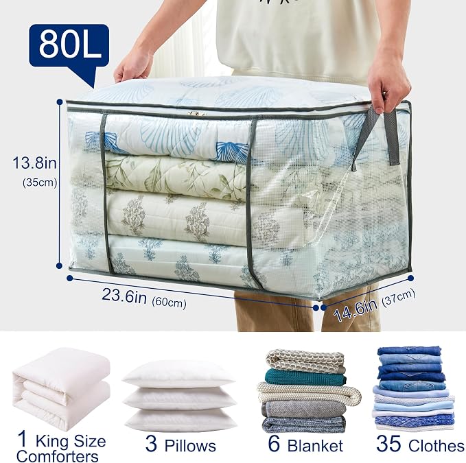 80L Clear Large Storage Bag for Clothes Comforters Blankets Pillows Bedding | - Image 2