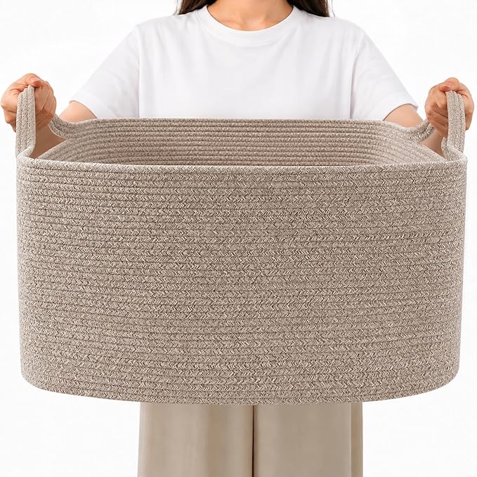 96L Woven Laundry Basket with Handles, Extra Blanket Basket by HZFTJOY