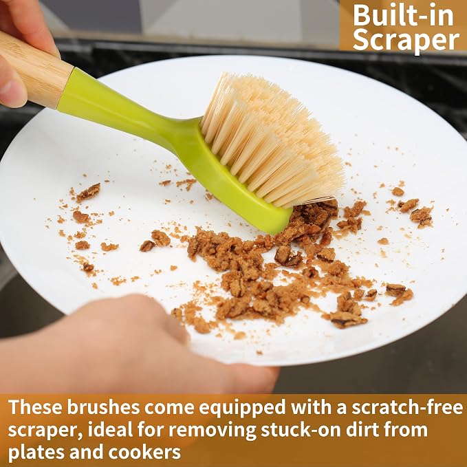 2 Pack Kitchen Dish Brush Bamboo Handle Dish Scrubber Built-in Scraper | Scrub - Image 5