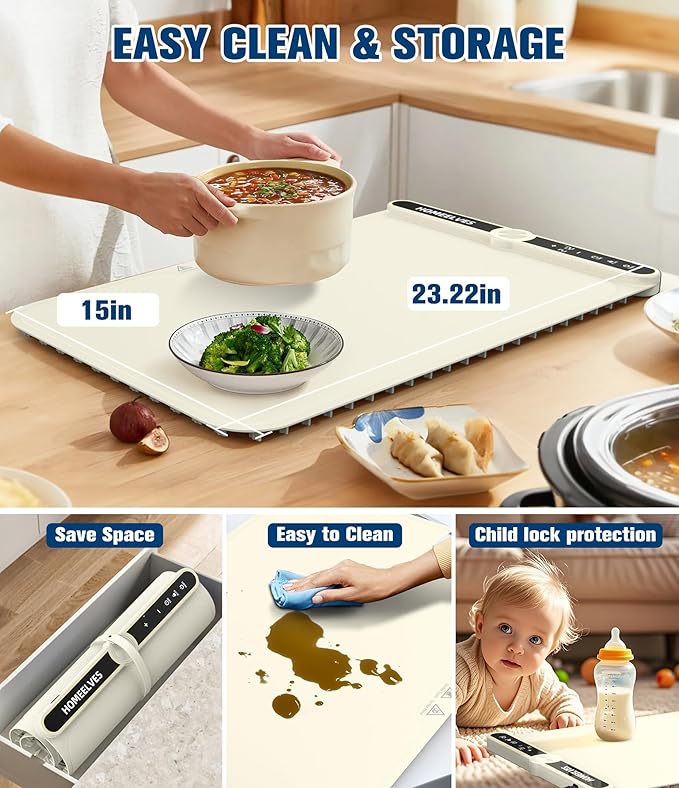 Food Warming Mat, Rapid Heating Electric Warming Tray with 9 Temp Setting and 6 Hours Timer,Foldable Warming Trays for Food, Portable Food Warmers for Parties Buffet, Beige