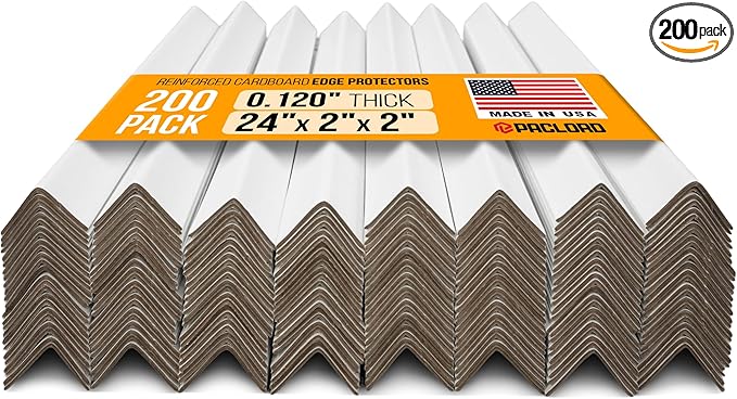 24" x 2" x 2" Reinforced Cardboard Edge Protectors, White (Pack of 200) – 0.12" Thick Medium-Duty Cardboard Corner Protectors for Shipping – American Quality V-Board Pallet Edge Guard