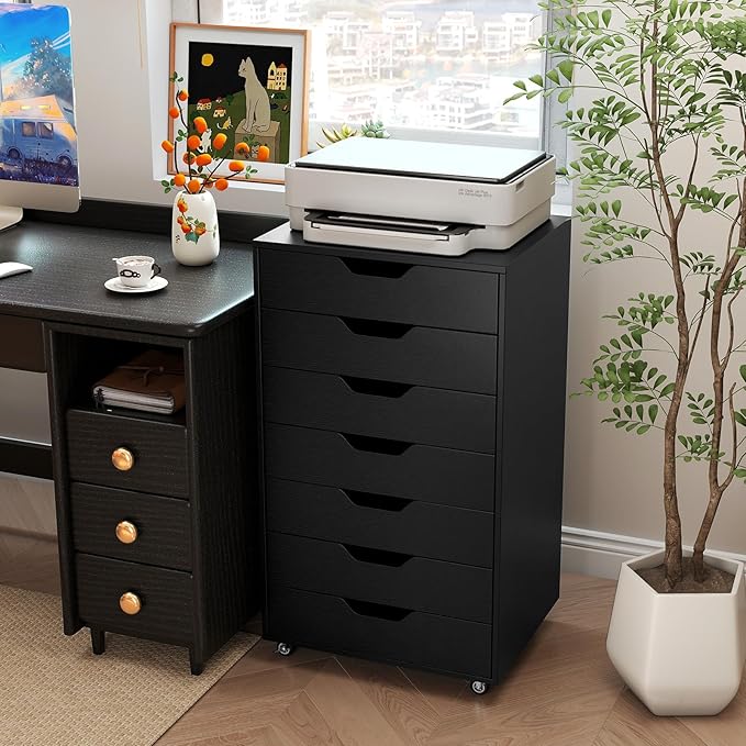 7 Drawer File Cabinet, Mobile Filing Cabinet w/Universal Wheels, Wood Printer Stand with Storage, Rolling File Cabinets for Home Office, Living Room, Bedroom (Black, 7 Drawers)