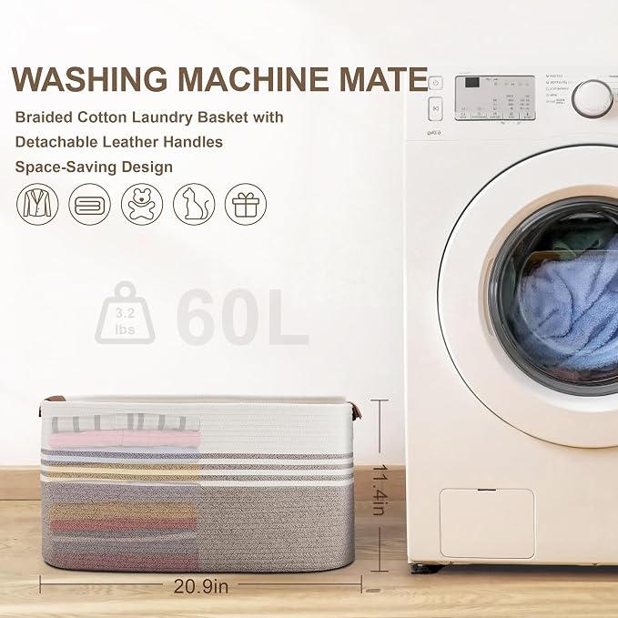 60L Woven Laundry Basket Hamper - Image 7